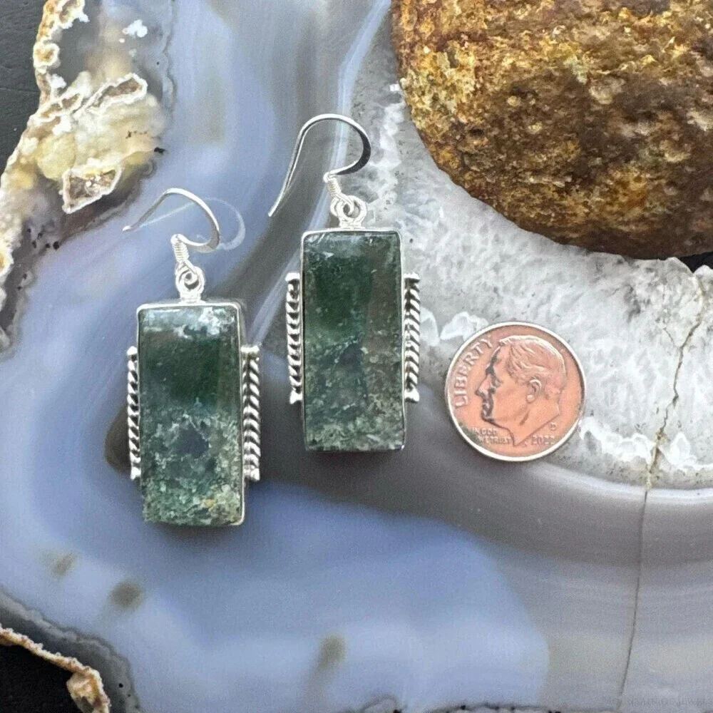 Sterling Southwestern Style Rectangle Moss Agate Dangle Earrings For Women